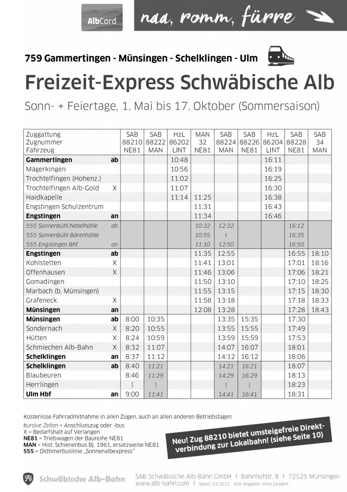 fahrplan 2021 sonn und feiertage sommersaison sab schwabische alb bahn www alb bahn com