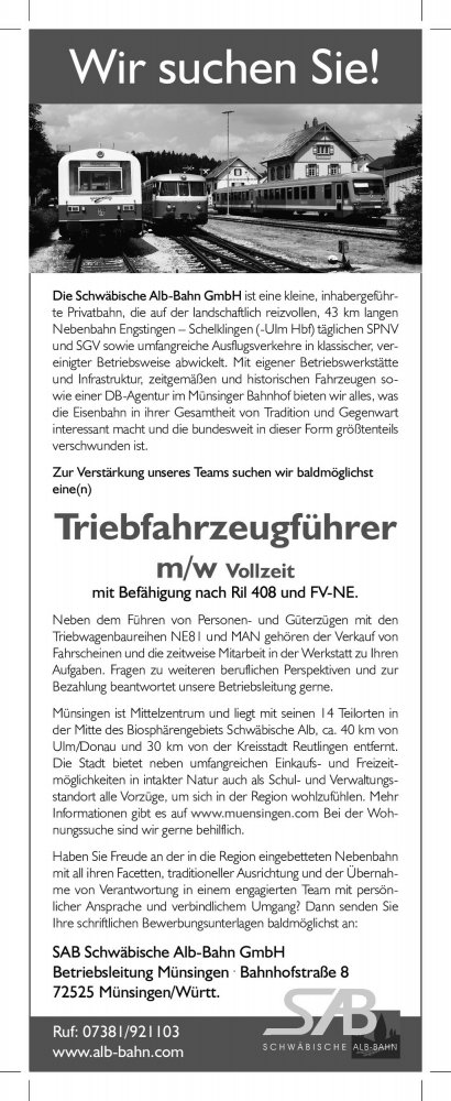 Karriere, Ausbildung und Jobs | SAB Schwäbische Alb-Bahn | www.alb-bahn.com