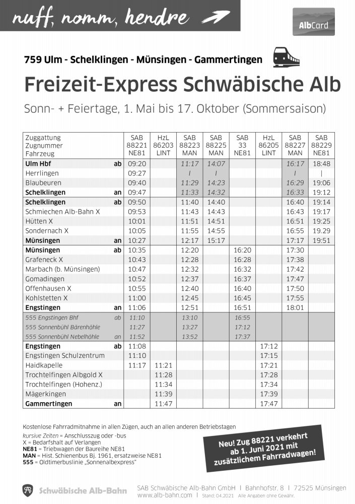 fahrplan 2021 sonn und feiertage sommersaison sab schwabische alb bahn www alb bahn com