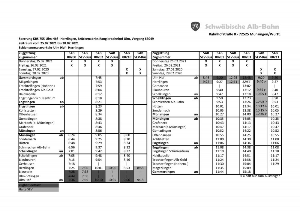sev fahrplan 25 28 02 2021 sab schwabische alb bahn www alb bahn com
